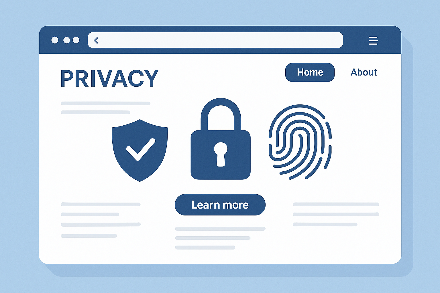 A modern 2D digital illustration of a website interface focused on privacy and user data protection. The design features a clean blue and white color scheme, with prominent privacy icons including a shield with a checkmark, a padlock, and a fingerprint. The layout includes a "Privacy" heading, a "Learn more" button, and simplified navigation buttons like "Home" and "About," all within a browser-style window.