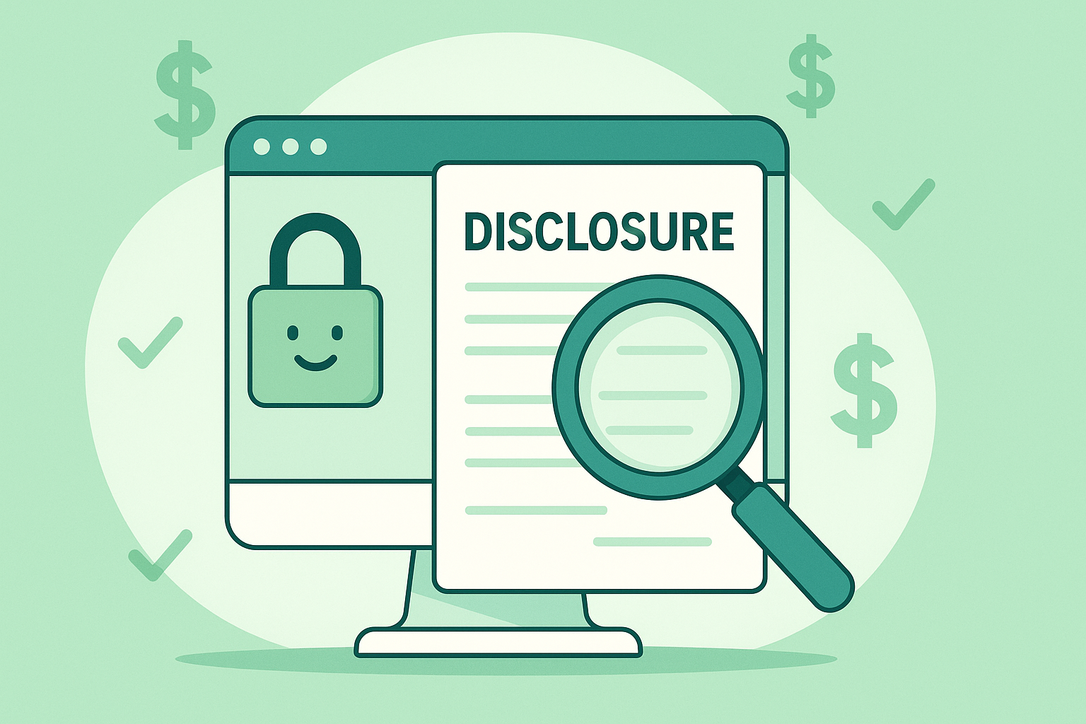 A flat-style digital illustration showing a website screen with a document labeled "Disclosure," a magnifying glass, a friendly lock icon, and dollar symbols. Designed in calming green and white tones to represent trust and transparency. Visual representation of an affiliate disclosure.